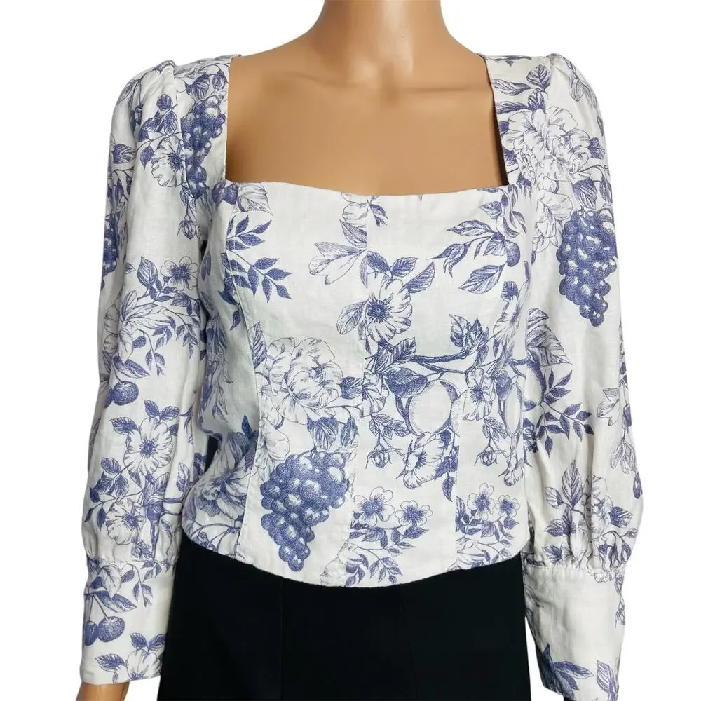 Reformation Stilton Linen Top Blue Toile Floral Long Sleeve Square Neck Size 2